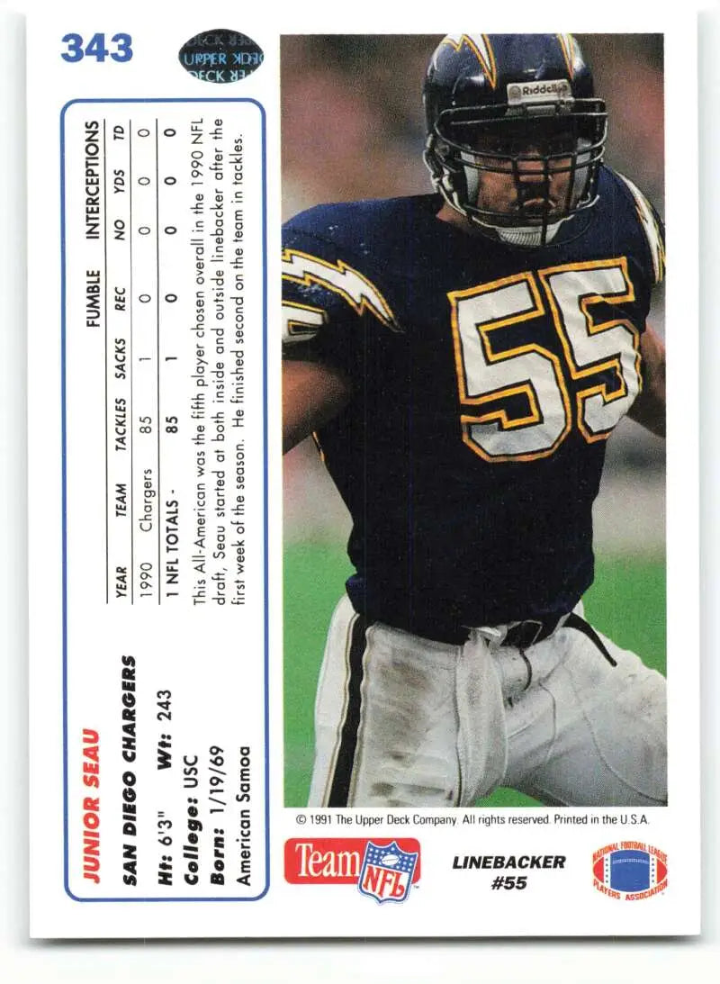 1991 Upper Deck #343 Junior Seau NM-MT San Diego Chargers Football Card - Football Card Single