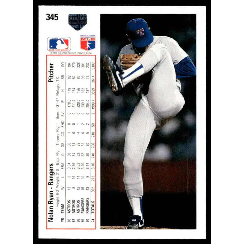1991 Upper Deck #345 Nolan Ryan EX/NM Texas Rangers Baseball Card - Baseball Card Single