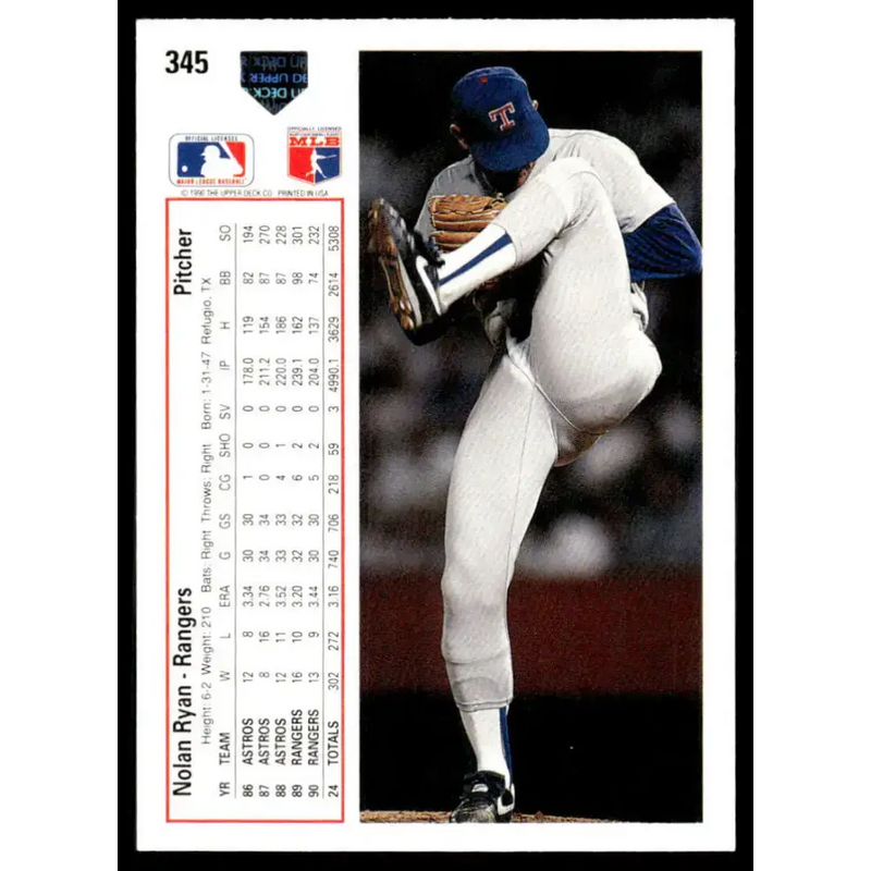 1991 Upper Deck #345 Nolan Ryan EX/NM Texas Rangers Baseball Card - Baseball Card Single