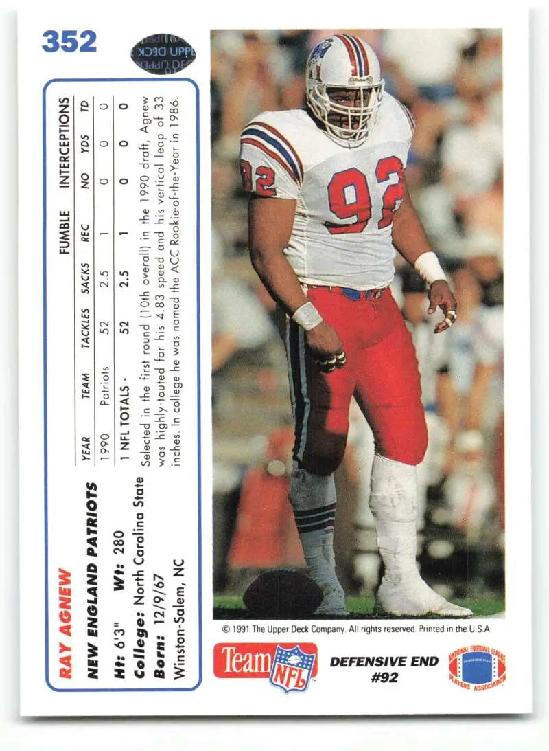 1991 Upper Deck #352 Ray Agnew NM-MT New England Patriots Football Card - Football Card Single