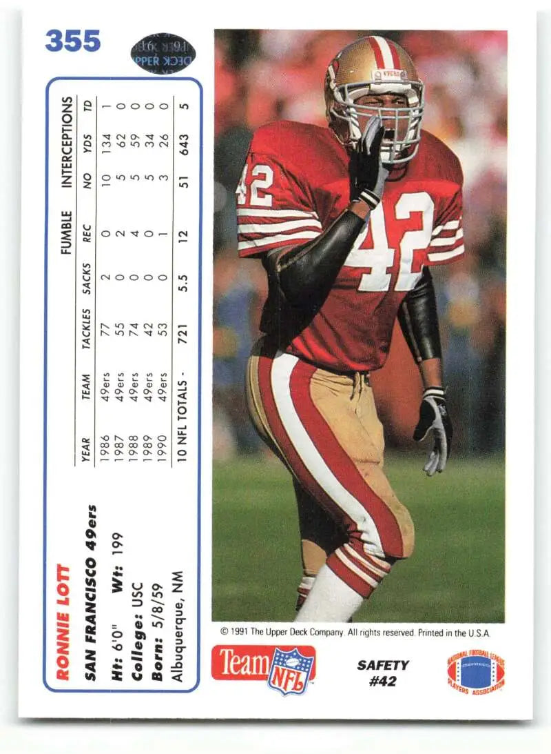 1991 Upper Deck #355 Ronnie Lott NM-MT San Francisco 49ers Football Card - Football Card Single