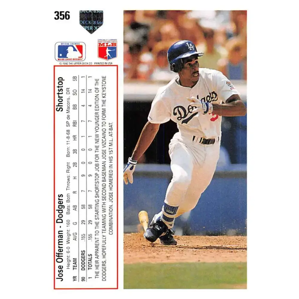 1991 Upper Deck #356 Jose Offerman EX Excellent Los Angeles Dodgers Baseball Card - Baseball Card Single