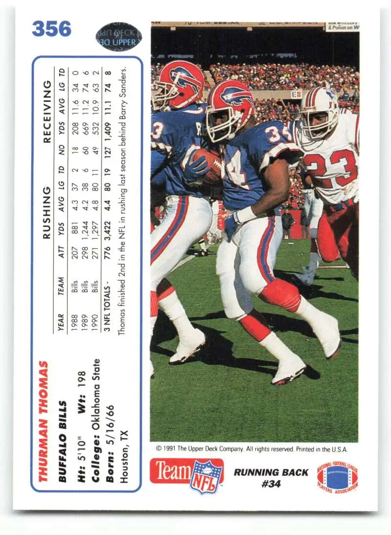 1991 Upper Deck #356 Thurman Thomas NM-MT Buffalo Bills Football Card - Football Card Single
