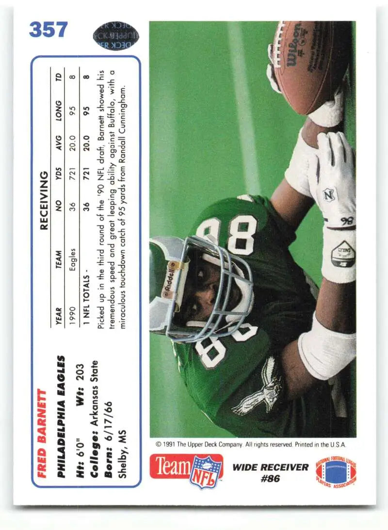 1991 Upper Deck #357 Fred Barnett NM-MT Philadelphia Eagles Football Card - Football Card Single