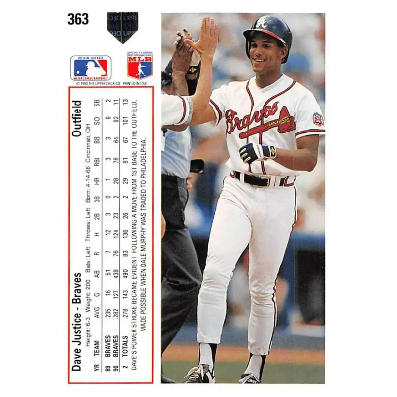 1991 Upper Deck #363 David Justice EX Excellent Atlanta Braves Baseball Card - Baseball Card Single
