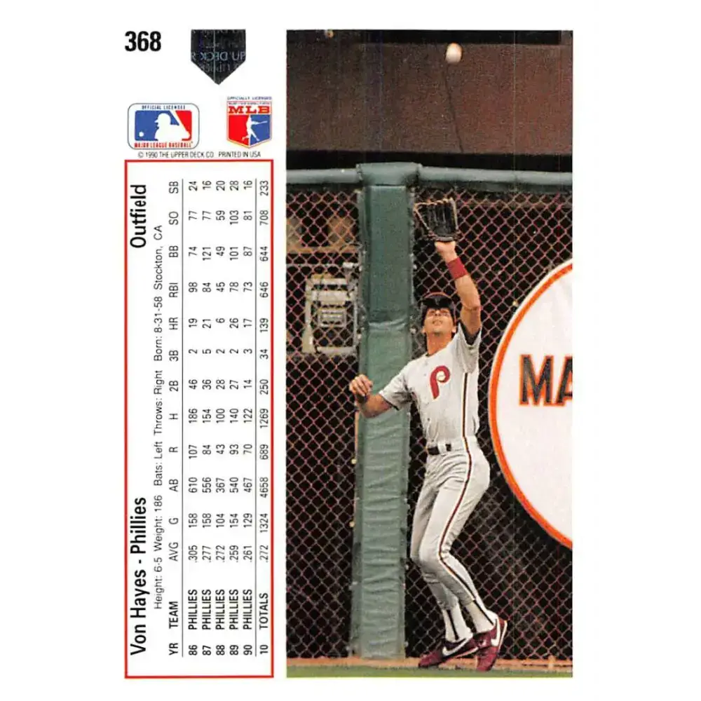 1991 Upper Deck #368 Von Hayes EX Excellent Philadelphia Phillies Baseball Card - Baseball Card Single