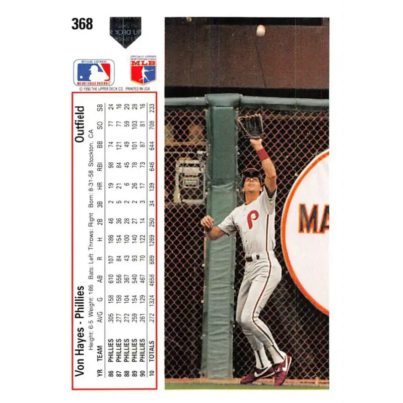 1991 Upper Deck #368 Von Hayes EX Excellent Philadelphia Phillies Baseball Card - Baseball Card Single