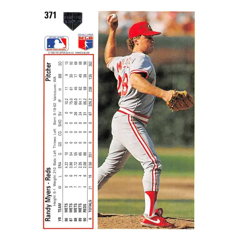 1991 Upper Deck #371 Randy Myers EX Excellent Cincinnati Reds Baseball Card - Baseball Card Single