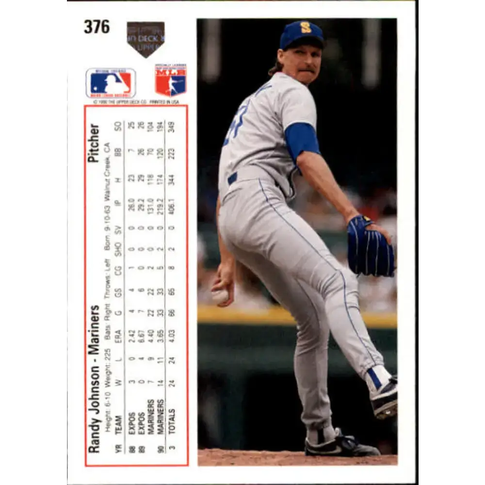 1991 Upper Deck #376 Randy Johnson EX Excellent Seattle Mariners Baseball Card - Baseball Card Single