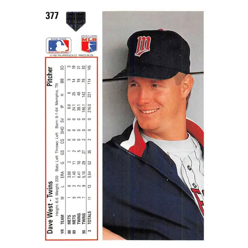 1991 Upper Deck #377 David West EX Excellent Minnesota Twins Baseball Card