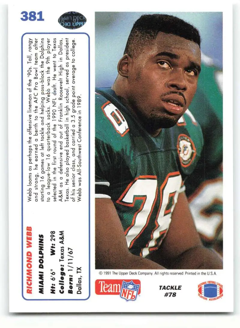 1991 Upper Deck #381 Richmond Webb NM-MT Miami Dolphins Football Card - Football Card Single