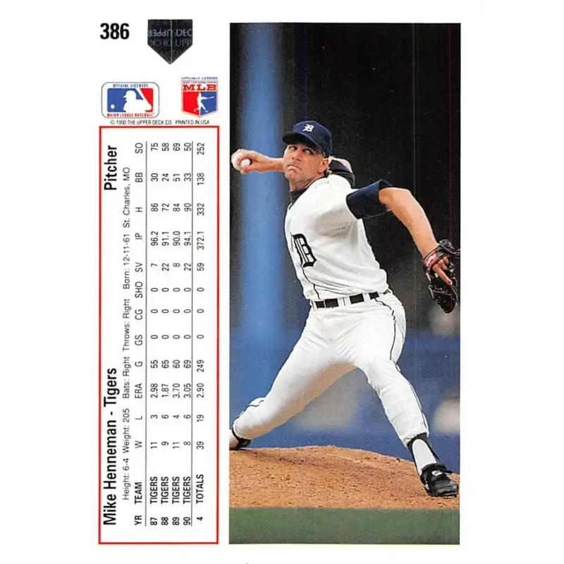 1991 Upper Deck #386 Mike Henneman EX Excellent Detroit Tigers Baseball Card - Baseball Card Single