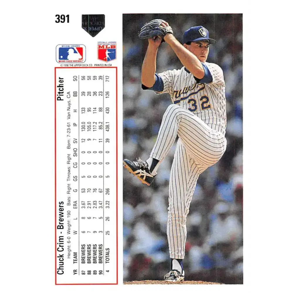 1991 Upper Deck #391 Chuck Crim EX Excellent Milwaukee Brewers Baseball Card - Baseball Card Single