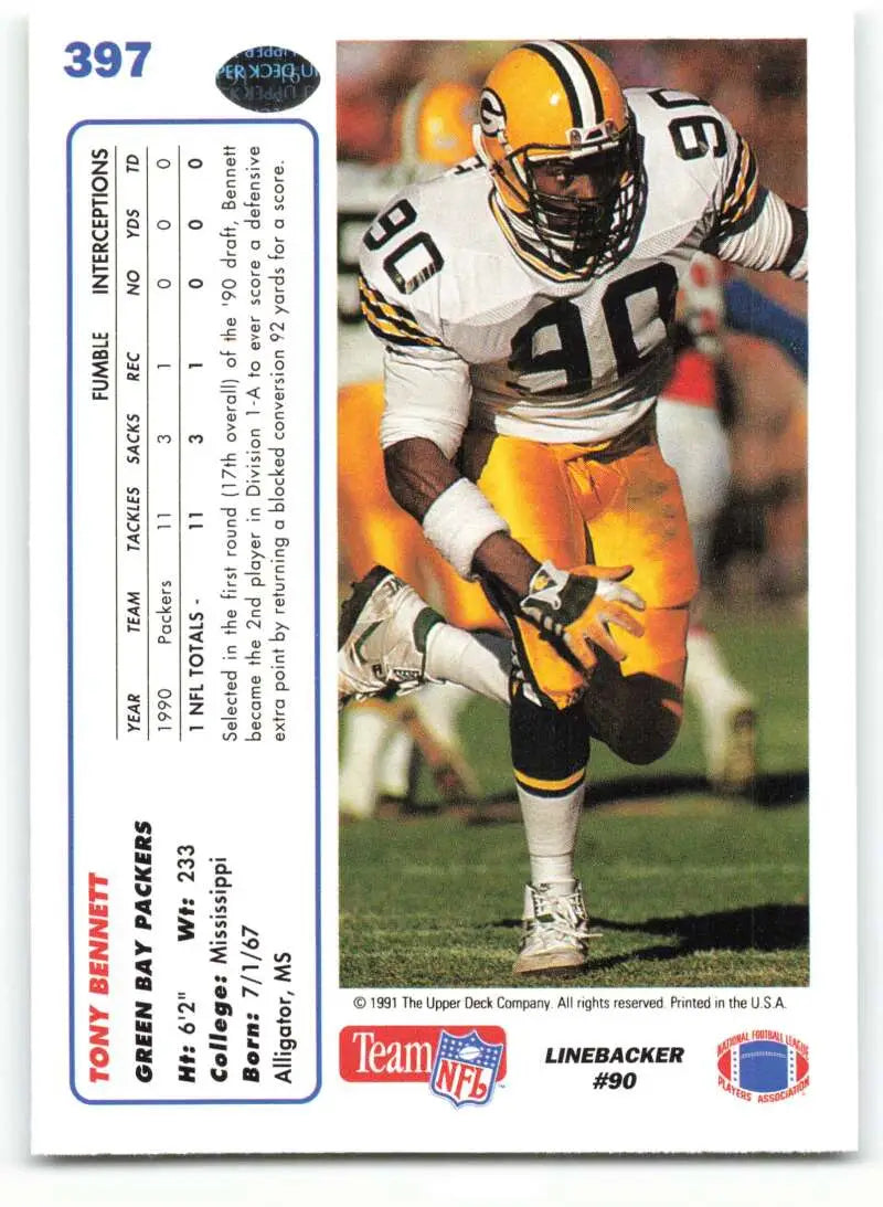 1991 Upper Deck #397 Tony Bennett NM-MT Green Bay Packers Football Card - Football Card Single