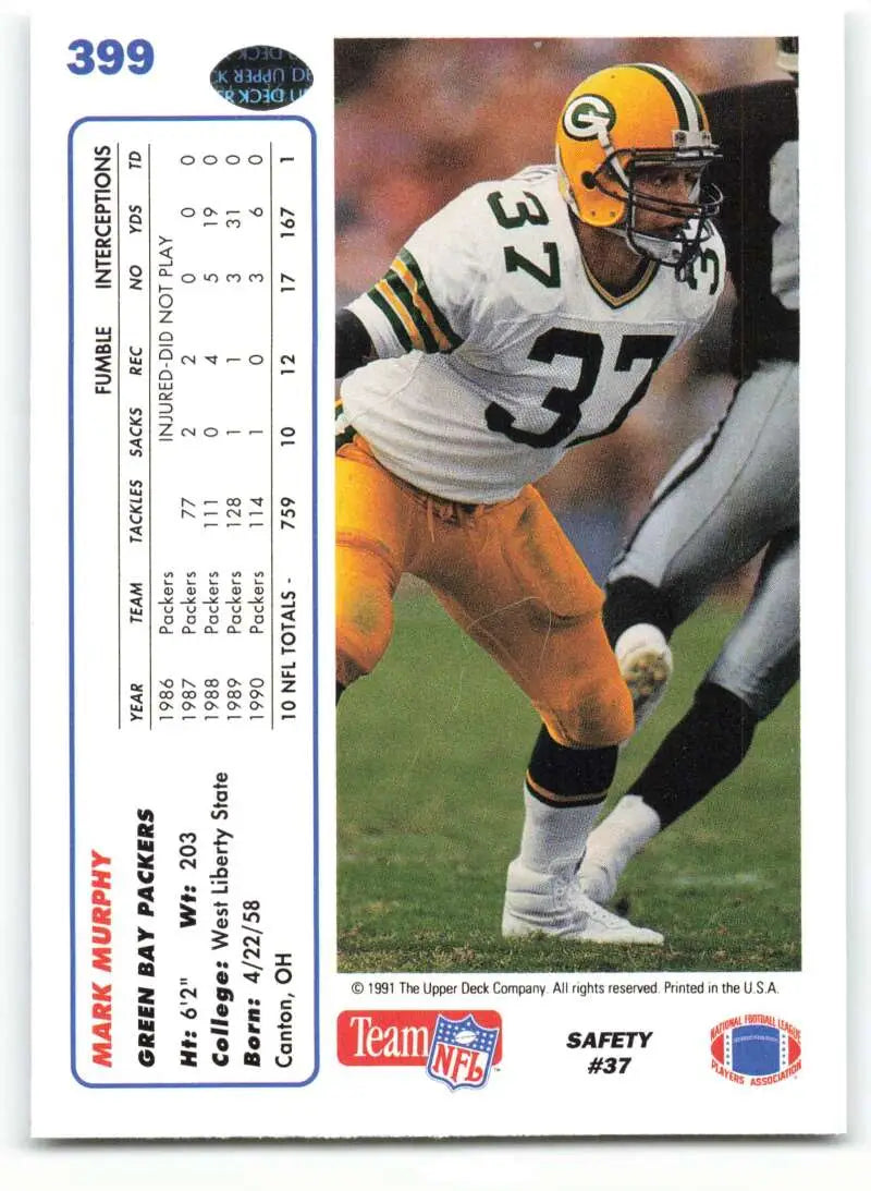 1991 Upper Deck #399 Mark Murphy NM-MT Green Bay Packers Football Card - Football Card Single