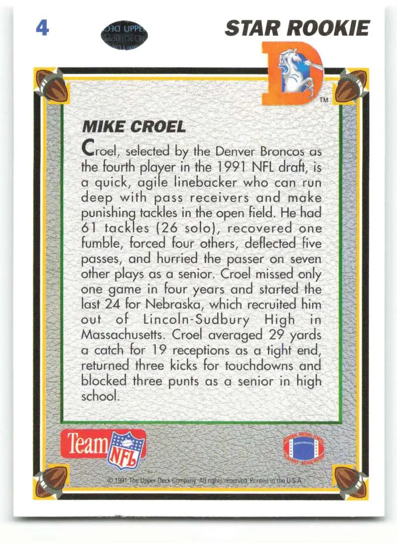 1991 Upper Deck #4 Mike Croel NM-MT RC Rookie Denver Broncos Football Card - Football Card Single