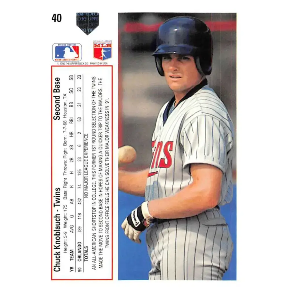 1991 Upper Deck #40 Chuck Knoblauch EX Excellent Minnesota Twins Baseball Card - Baseball Card Single