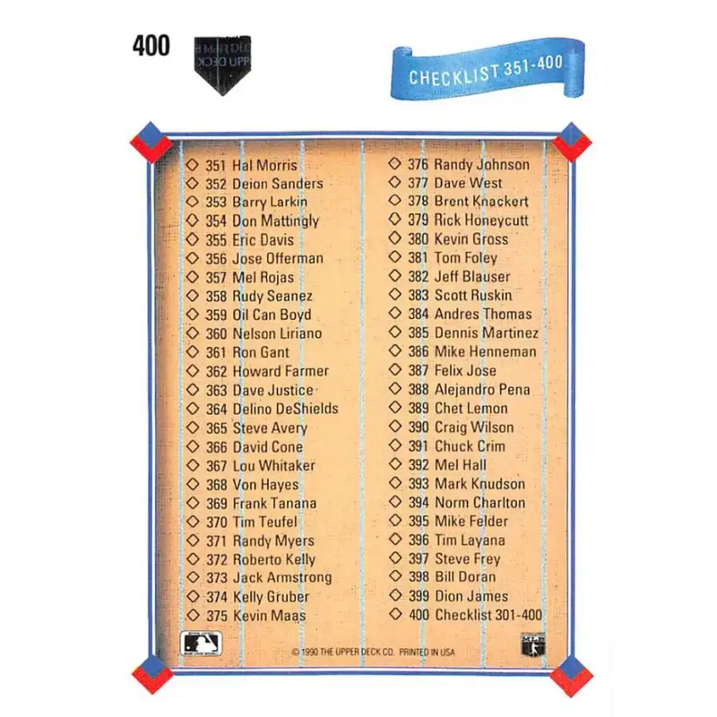1991 Upper Deck #400 Checklist 301-400 EX Excellent checklist Baseball Card - Baseball Card Single