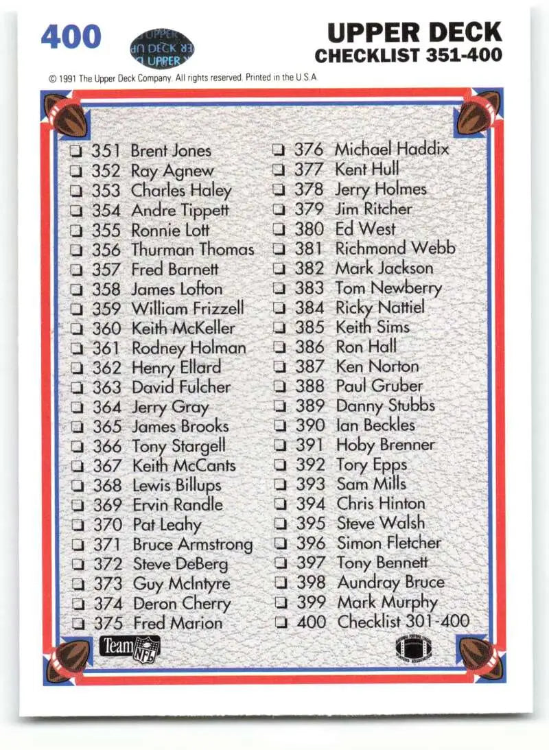 1991 Upper Deck #400 Checklist 301-400 NM-MT Football Card - Football Card Single