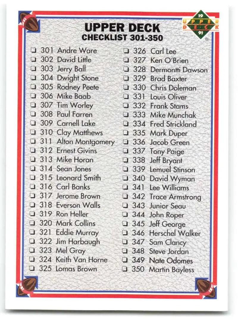 1991 Upper Deck #400 Checklist 301-400 NM-MT Football Card - Football Card Single