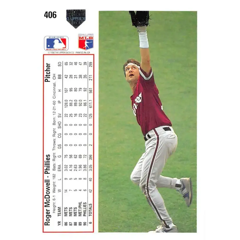 1991 Upper Deck #406 Roger McDowell EX Excellent Philadelphia Phillies Baseball Card - Baseball Card Single