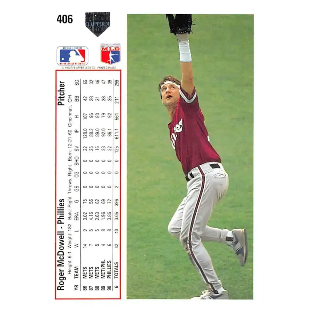 1991 Upper Deck #406 Roger McDowell NM-MT Philadelphia Phillies Baseball Card - Baseball Card Single