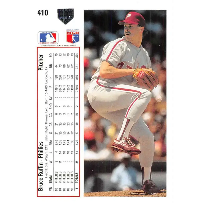 1991 Upper Deck #410 Bruce Ruffin EX Excellent Philadelphia Phillies Baseball Card - Baseball Card Single
