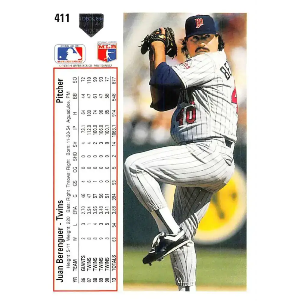 1991 Upper Deck #411 Juan Berenguer EX Excellent Minnesota Twins Baseball Card - Baseball Card Single