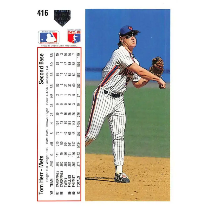 1991 Upper Deck #416 Tom Herr EX Excellent New York Mets Baseball Card - Baseball Card Single