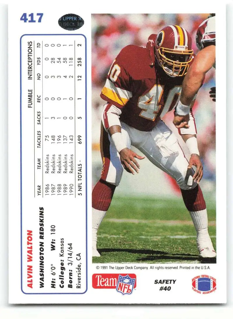 1991 Upper Deck #417 Alvin Walton NM-MT Washington Redskins Football Card - Football Card Single