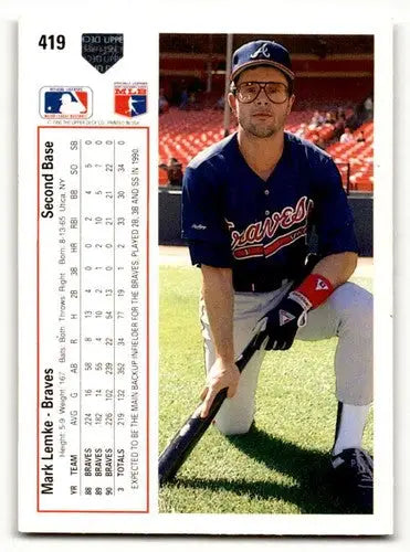 Original gloss 1991 Upper Deck Mark Lemke Atlanta Braves baseball card featuring Lemke Atlanta Braves player
