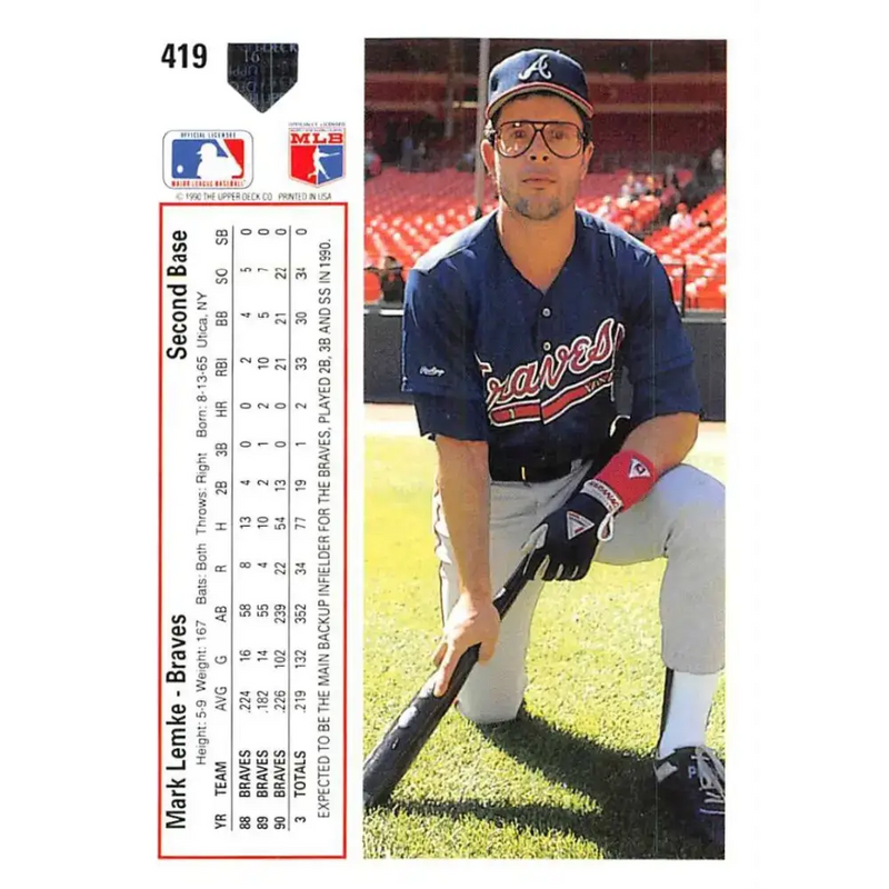 1991 Upper Deck #419 Mark Lemke EX Excellent Atlanta Braves Baseball Card - Baseball Card Single