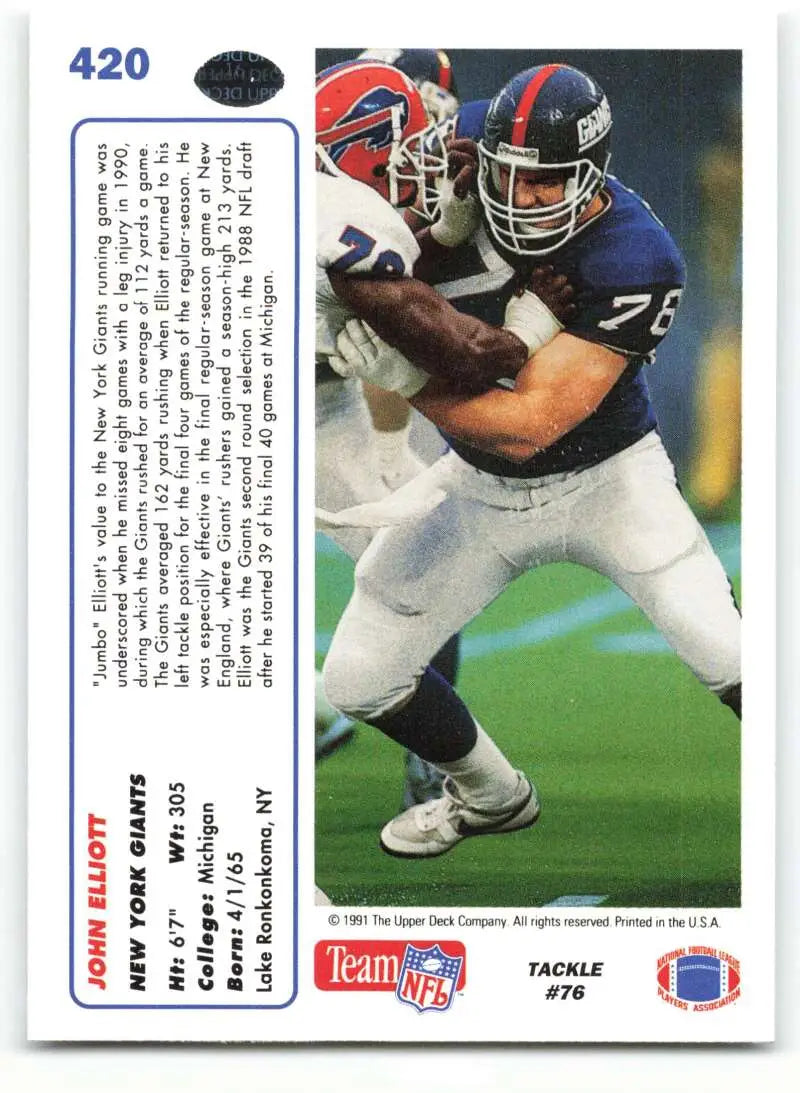 1991 Upper Deck #420 John Elliott NM-MT New York Giants Football Card - Football Card Single