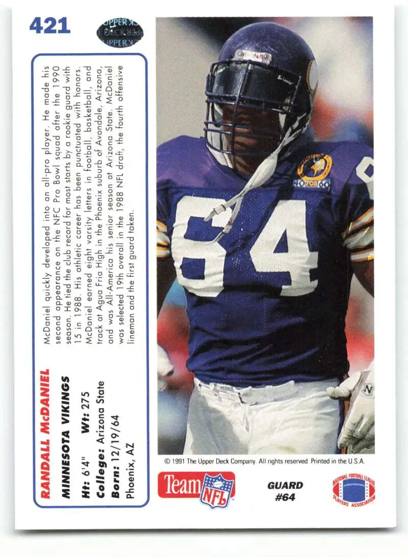 1991 Upper Deck #421 Randall McDaniel NM-MT Minnesota Vikings Football Card - Football Card Single