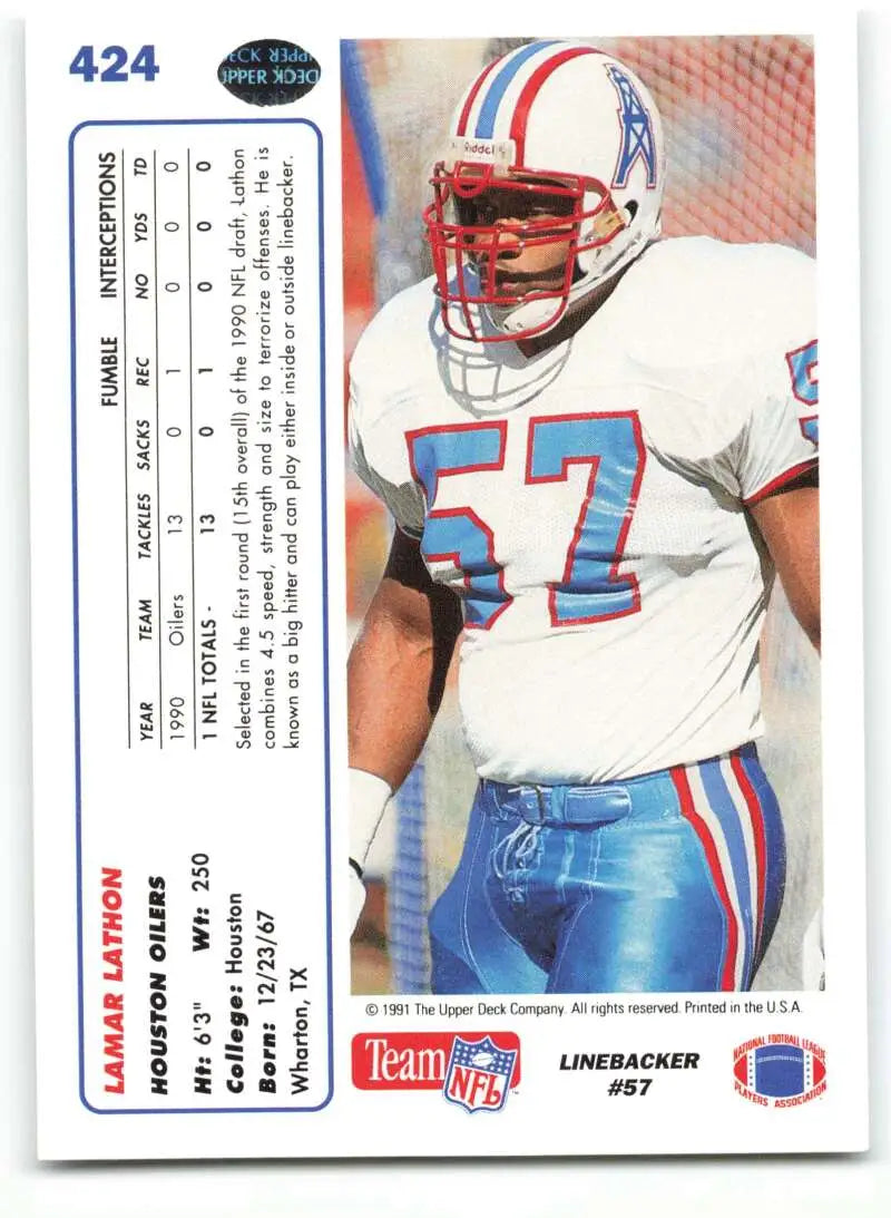 1991 Upper Deck #424 Lamar Lathon NM-MT Houston Oilers Football Card - Football Card Single