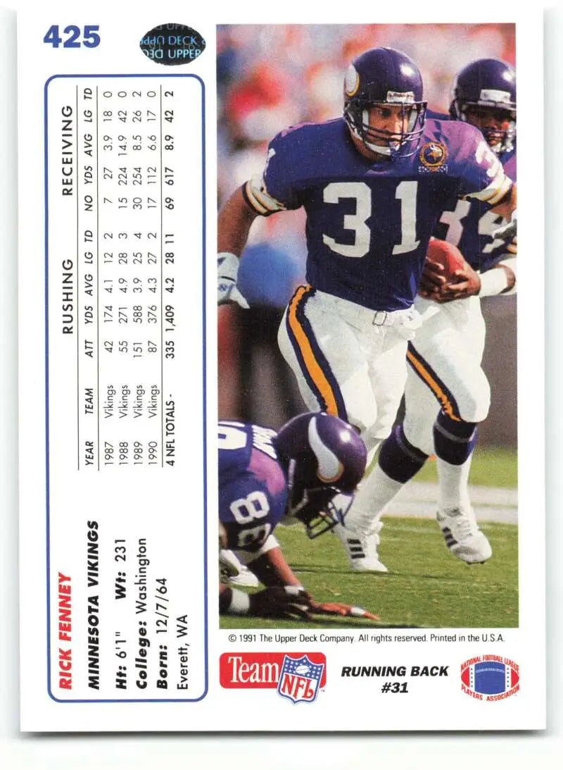 1991 Upper Deck #425 Rick Fenney NM-MT Minnesota Vikings Football Card - Football Card Single