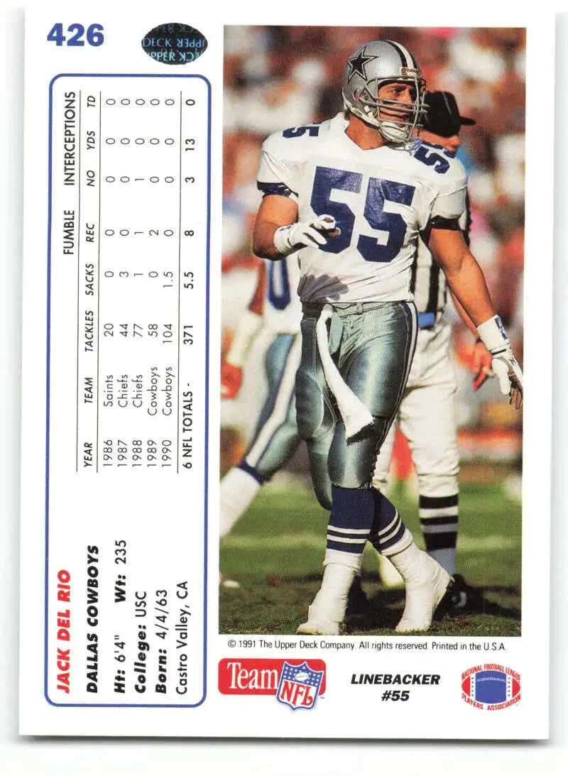 1991 Upper Deck #426 Jack Del Rio NM-MT Dallas Cowboys Football Card - Football Card Single