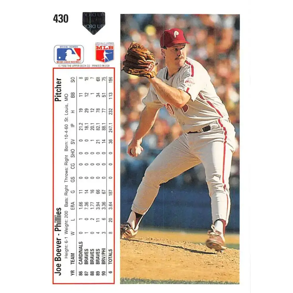 1991 Upper Deck #430 Joe Boever EX Excellent Philadelphia Phillies Baseball Card - Baseball Card Single