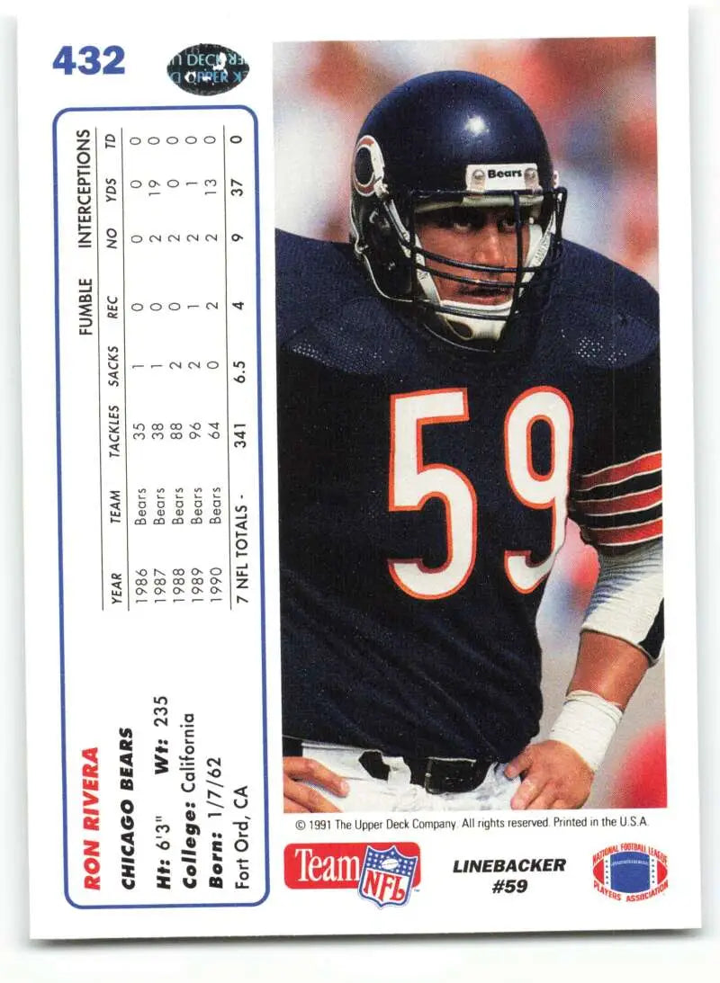1991 Upper Deck #432 Ron Rivera NM-MT Chicago Bears Football Card - Football Card Single