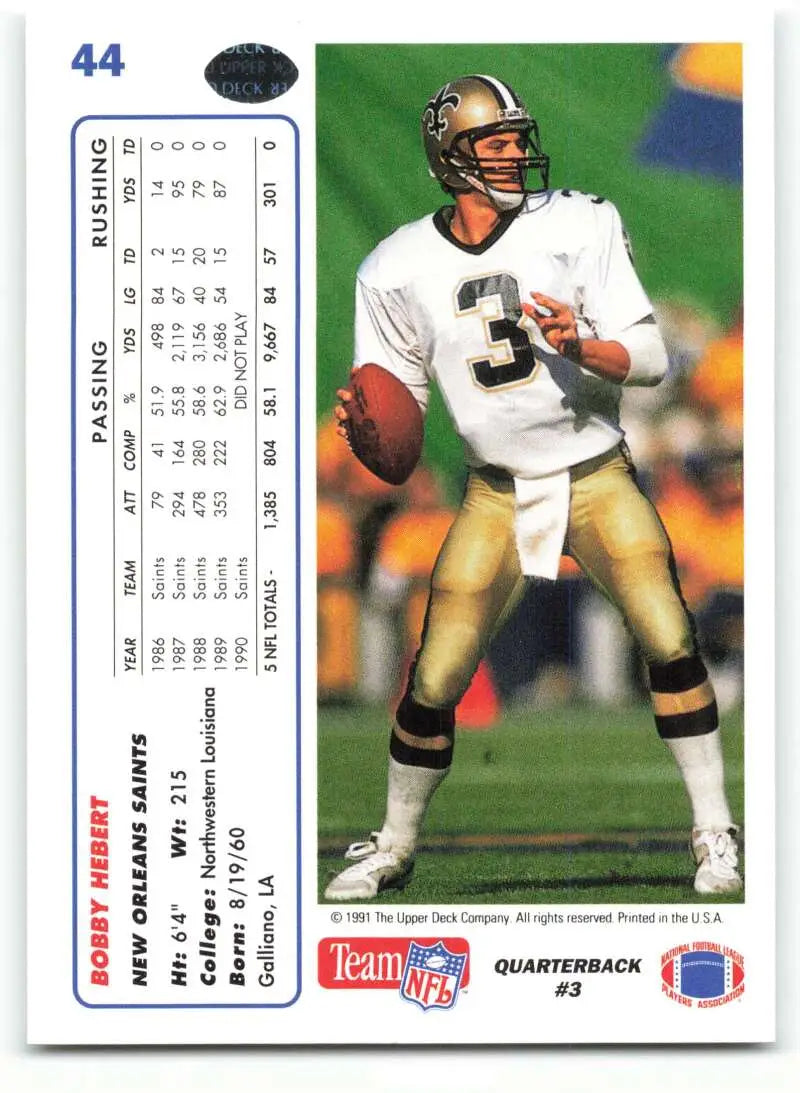 1991 Upper Deck #44 Bobby Hebert NM-MT New Orleans Saints Football Card - Football Card Single