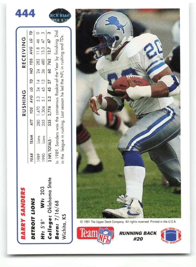 1991 Upper Deck #444 Barry Sanders NM-MT Detroit Lions Football Card - Football Card Single