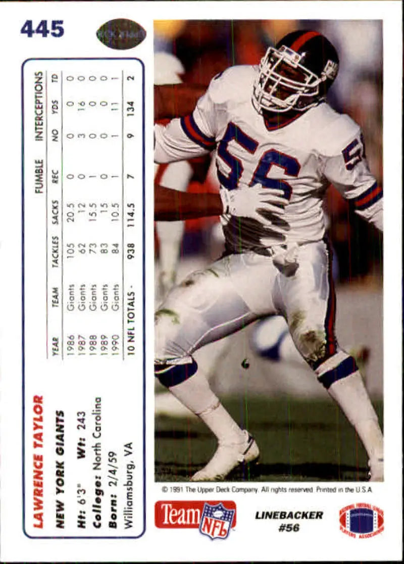 1991 Upper Deck #445 Lawrence Taylor NM-MT New York Giants Football Card - Football Card Single