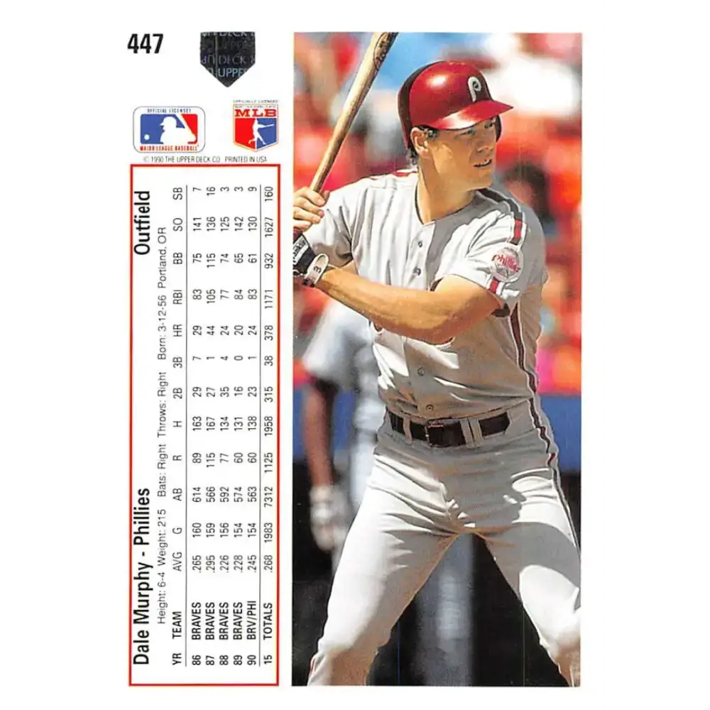 1991 Upper Deck #447 Dale Murphy EX Excellent Philadelphia Phillies Baseball Card - Baseball Card Single