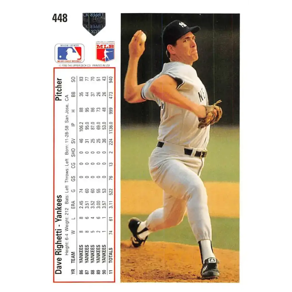 1991 Upper Deck #448 Dave Righetti NM-MT New York Yankees Baseball Card - Baseball Card Single