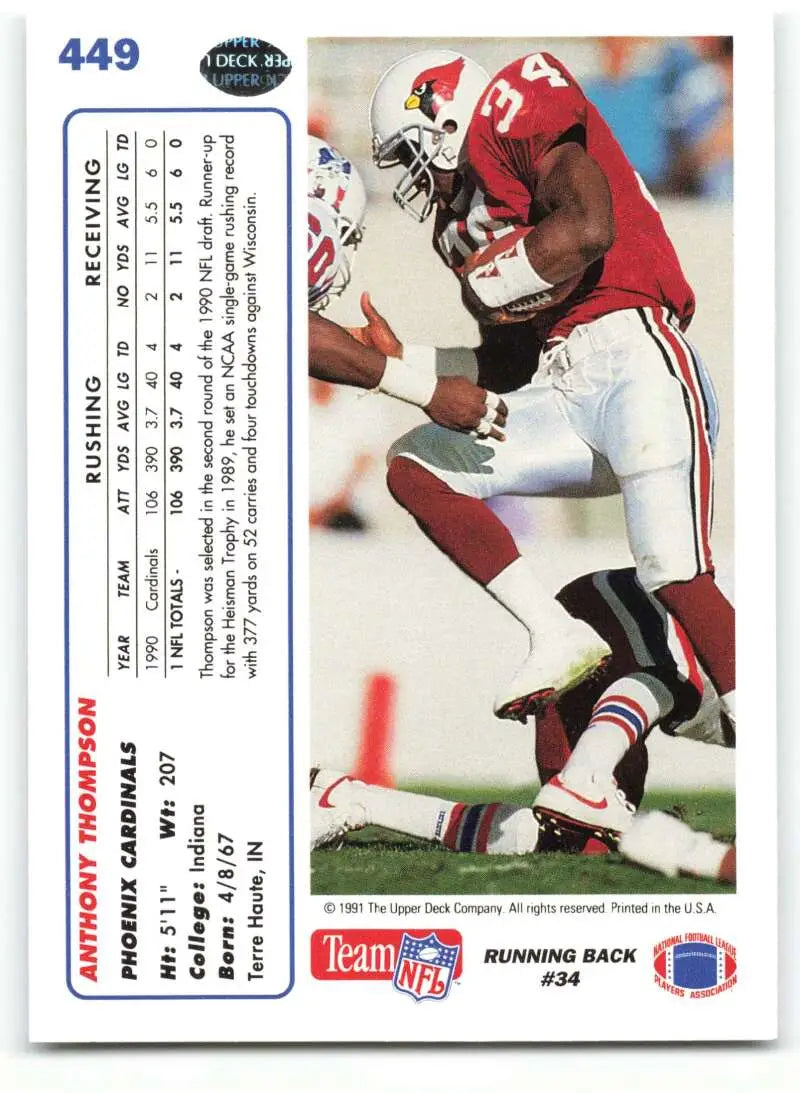 1991 Upper Deck #449 Anthony Thompson NM-MT Phoenix Cardinals Football Card - Football Card Single