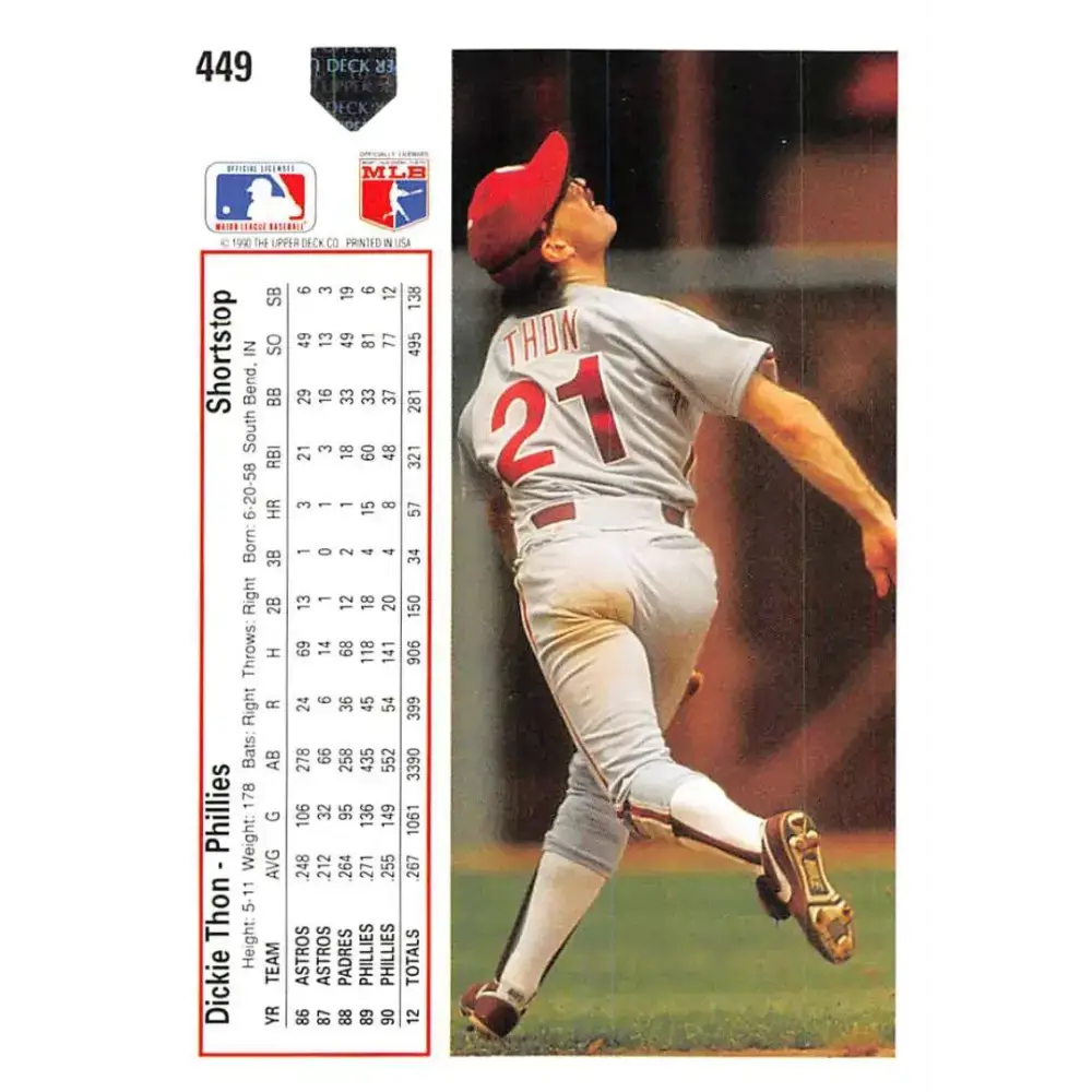 1991 Upper Deck #449 Dickie Thon EX Excellent Philadelphia Phillies Baseball Card - Baseball Card Single