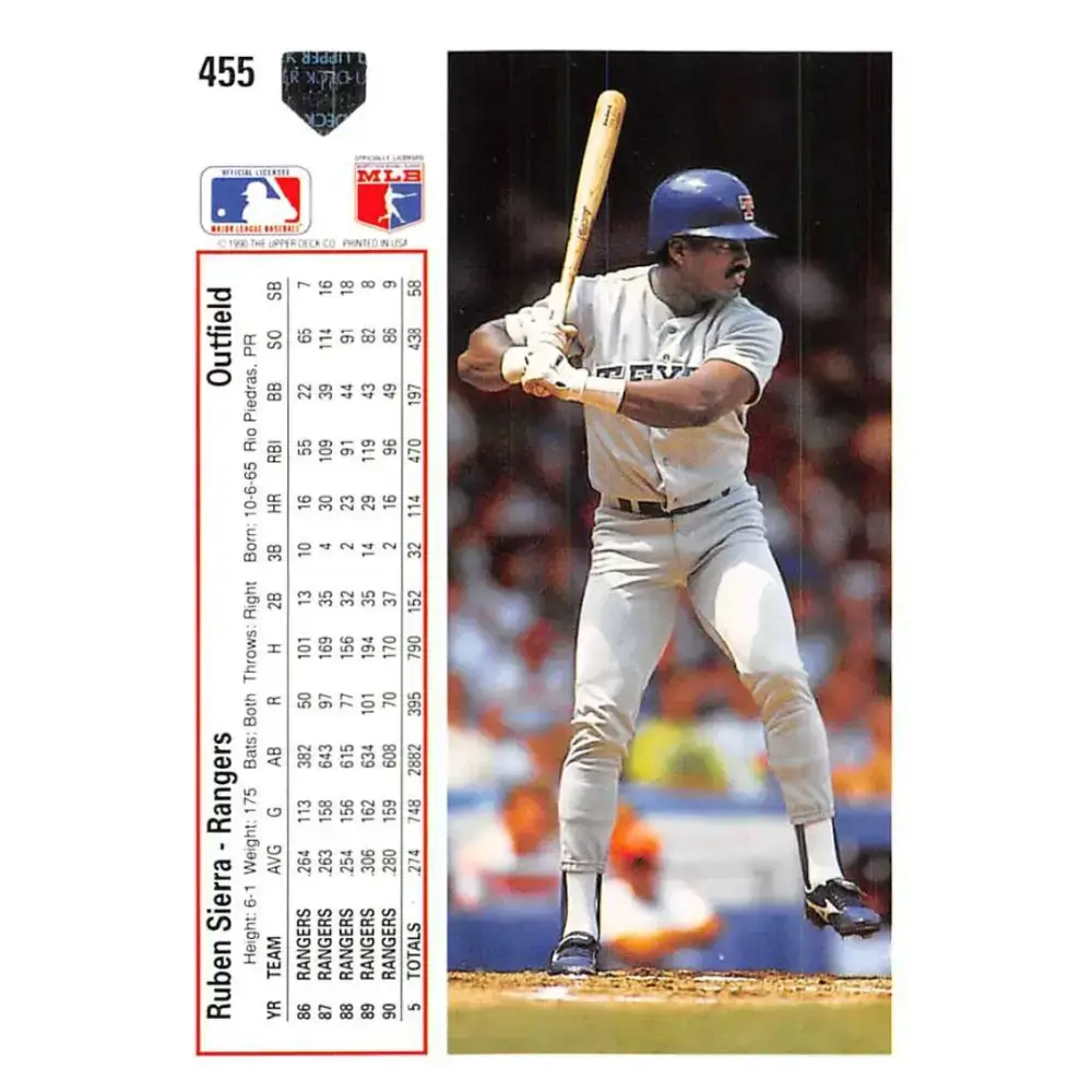 1991 Upper Deck #455 Ruben Sierra NM-MT Texas Rangers Baseball Card - Baseball Card Single
