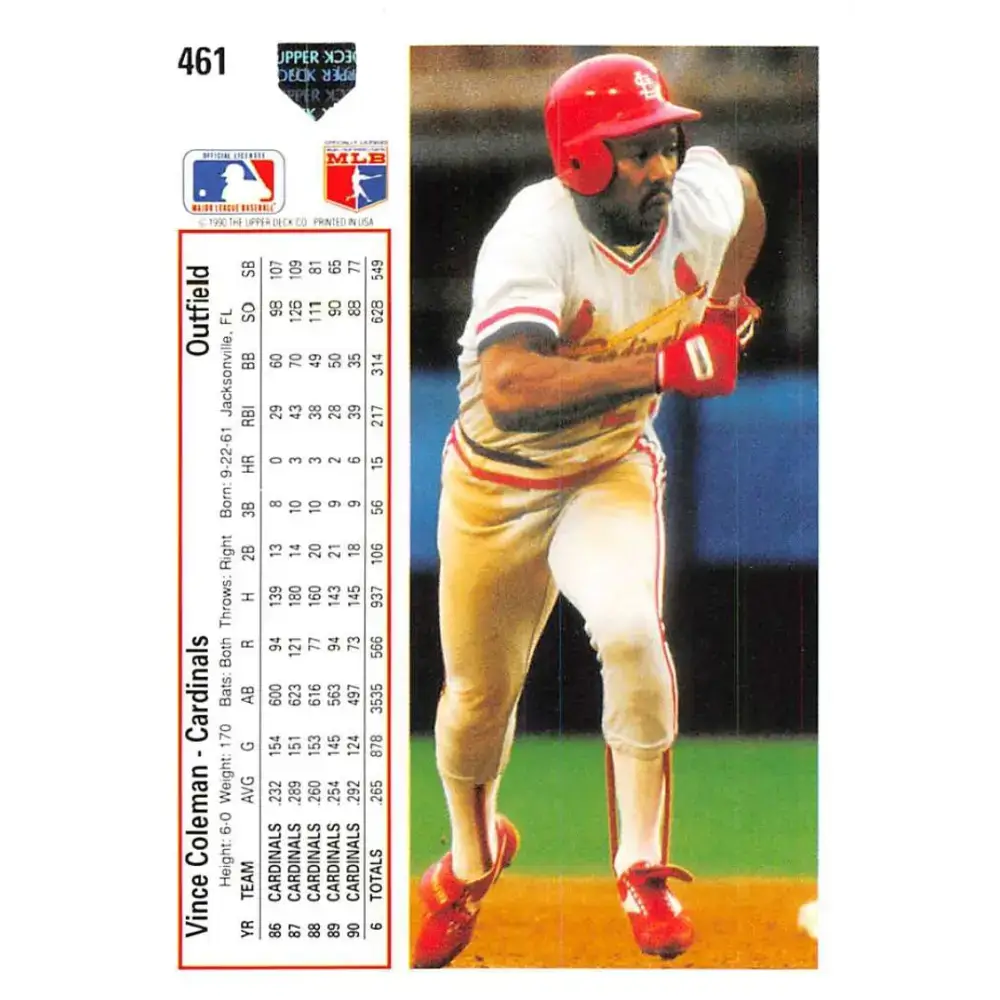1991 Upper Deck #461 Vince Coleman EX Excellent St. Louis Cardinals Baseball Card - Baseball Card Single