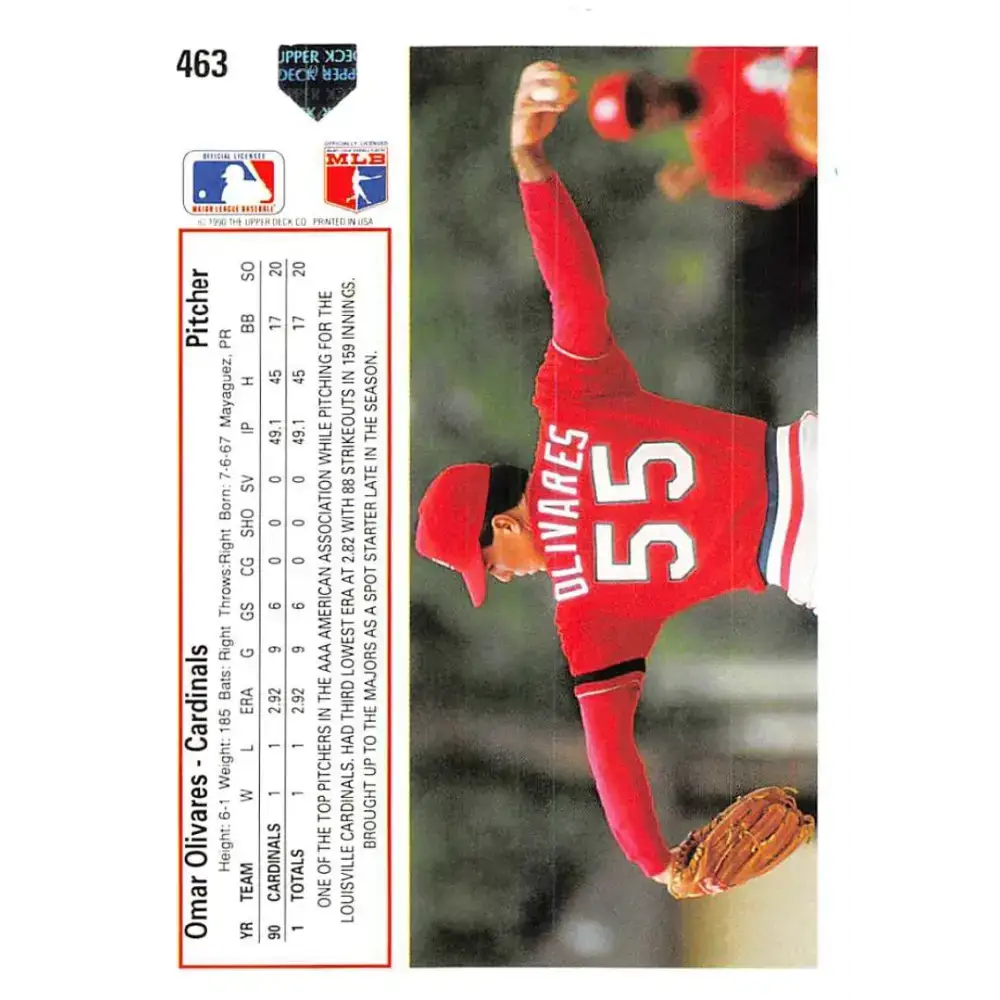 1991 Upper Deck #463 Omar Olivares EX Excellent RC Rookie St. Louis Cardinals Baseball Card - Baseball Card Single
