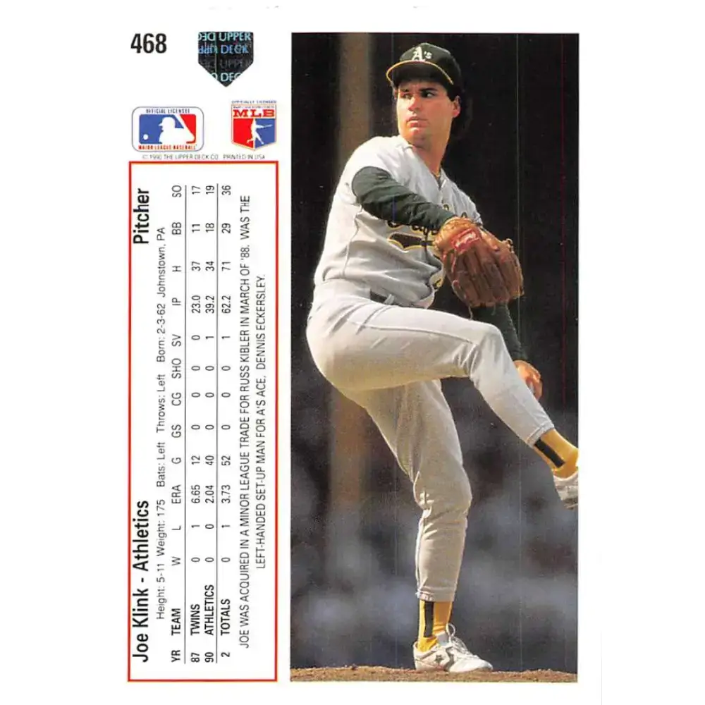1991 Upper Deck #468 Joe Klink EX Excellent Oakland Athletics Baseball Card - Baseball Card Single